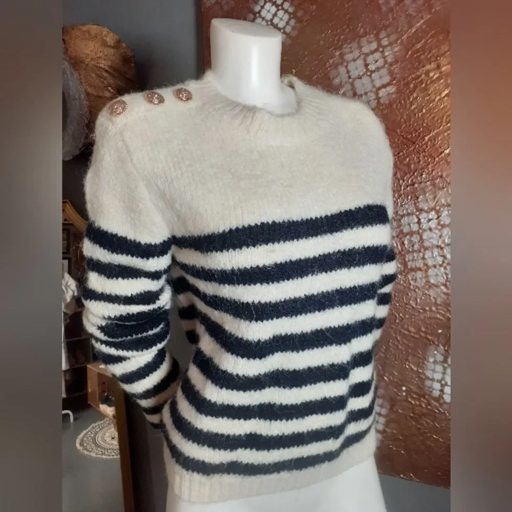 Nwot Zara Wool Blend Cream And Navy Striped Sweater - Picture 2 of 14
